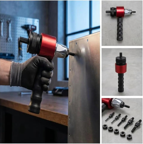Electric Rivet Gun Adapter Kit M3 To M8 Quick Change Blind Riveter Inserts in use on metal sheet with accessories shown