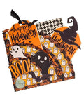 Halloween-themed card with ghosts, witches, and 'Happy Halloween' signage using a Stitched Slotted Corner Pocket Die Cut Set With Large Scalloped Edge Pocket.