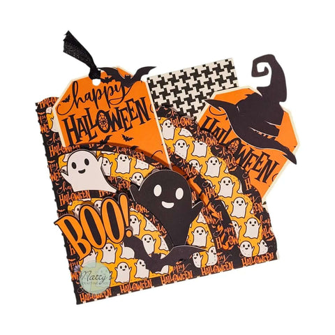Halloween-themed card with ghosts, witches, and 'Happy Halloween' signage using a Stitched Slotted Corner Pocket Die Cut Set With Large Scalloped Edge Pocket.