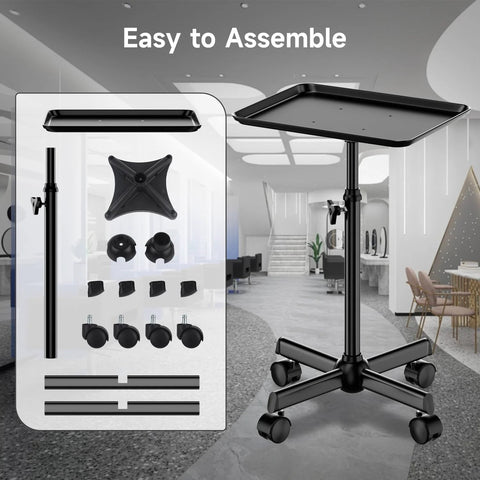 Adjustable Height Rolling Salon Cart With Tray On Durable Wheels For Tattoo Parlors Spas Dental Clinics And Hair Stylists Built From Corrosion Resistant Iron And Aluminum Anti Tip Design Lockable Casters Stable Mobile Workspace Black assembly guide