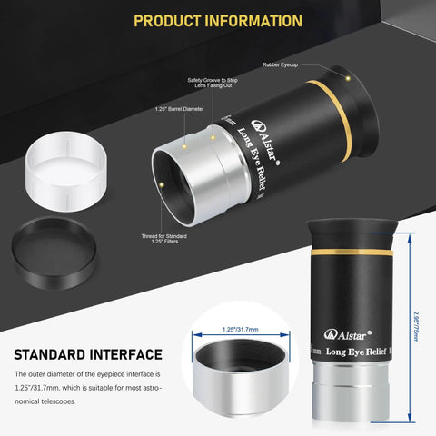 1.25-Inch 6mm 66-Degree Ultra Wide Angle Telescope Eyepiece With Fully Multi-Coated 5-Element Optics Gold Line and dimensions