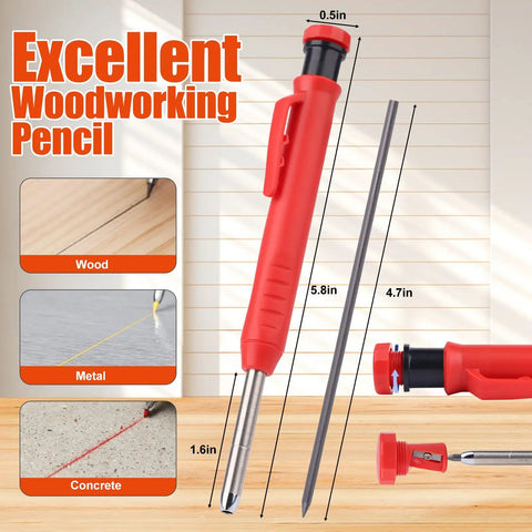 Red woodworking pencil for marking wood, metal, and concrete surfaces, includes measurements of 5.8in, 4.7in, and 1.6in.