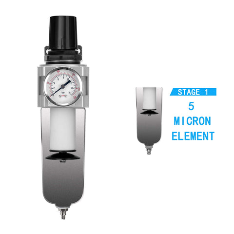 Heavy Duty Industrial Air Filter And Regulator With Metal Bowl For Paint Spray, 5 Micron Filtration element, front view
