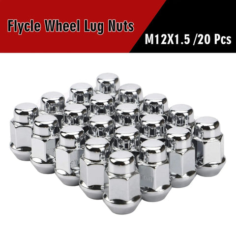Chrome Bulge Acorn Lug Nuts Set M12x1.5 Thread 60 Degree Conical Seat 20-Piece Wheel Lug Nut Kit. "Flycle Wheel Lug Nuts" text.