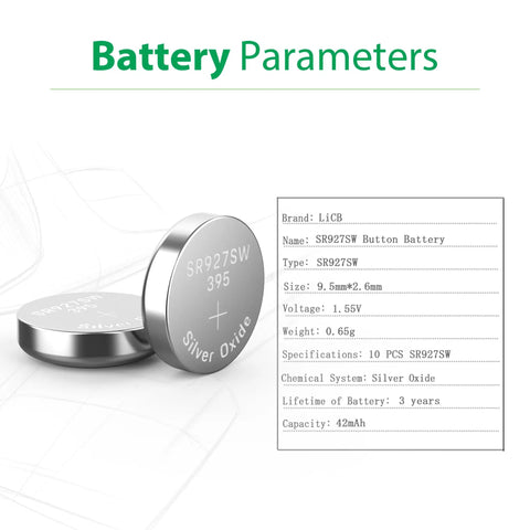 Ten Pack SR927SW 399 Watch Batteries Top Shelf Silver Oxide Button Cells 1.55v shown with specifications and dimensions.