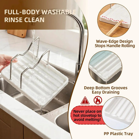 Handy Dandy Two In One Spoon Rest And Pot Lid Holder For Kitchen Counter, showing wave-edge design and easy draining.