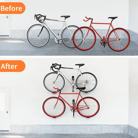 Before and after of two-pack bike pedal hanger wall mount with bikes off the floor on heavy duty horizontal rack for garage wall.