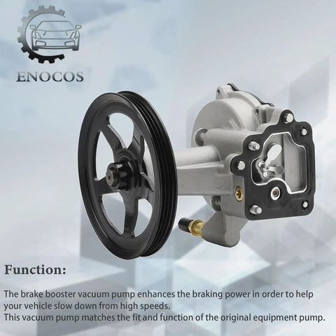Enocos vacuum pump front view with black pulley and mounting housing for GM SUVs, part 12696313.