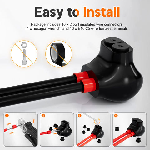 Heavy Duty 2 Port Insulated Wire Connector for 4 to 14 AWG Aluminum to Copper Cables, Single Side Entry, Black Aluminum Wire Connector with Slotted Allen Hex, 10 Pack, Great for DIY Auto and Industrial Electrical Jobs. installed on black cables