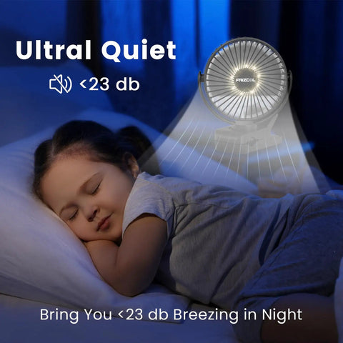 Portable USB Clip On Fan With 12000mAh Battery And 65 Hours Runtime near sleeping child, LED lights, <23 db sound