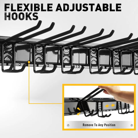 Close-up of Heavy Duty 96 Inch Garage Tool Organizer Wall Mount Hooks Kit With 18 Pairs Built To Last 1460 Lbs Capacity Garden Tool Storage Rack.