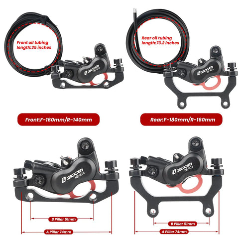 HB 876E Electric Bike Hydraulic Disc Brake Set with calipers, front oil tubing 35 inches, rear tubing 73.2 inches, 160mm rotors.