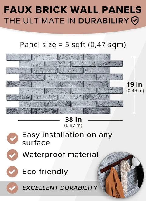 Image of 3D Faux Brick PVC Wall Panel with size details shown, emphasizing durability and waterproof features.