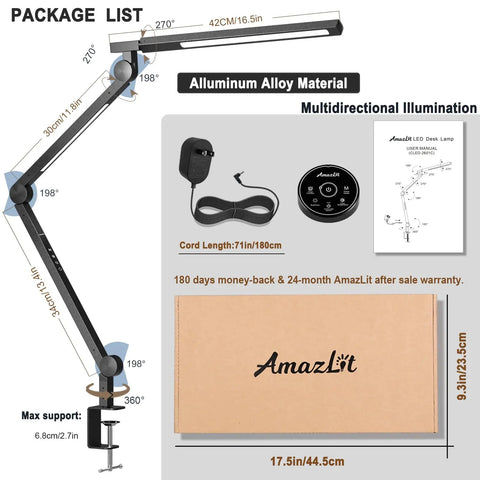 Clamp On Desk Lamp With Eye Care, Swing Arm And Stepless Dimming, Adjustable Color Temperature 3000K To 5500K package contents.