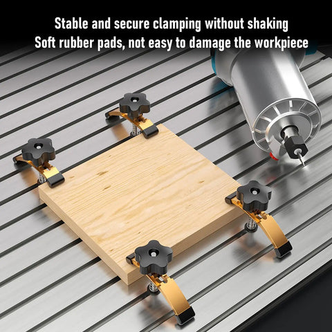 T Track Hold Down Clamps With Aluminum Press Plate And Thick Rubber Pads Five And Three Eighths Inch Size For CNC Router Woodworking Milling Machines T Slot System Pro Grade Clamp Kit For Precise Material Securing on CNC board