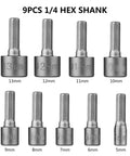 Heavy Duty Nut Driver Set Featuring Nine Piece Socket Spanner Kit One Quarter Inch Hex Shank compatible with electric drills and hand tools, showing sizes from 5 to 13 mm.