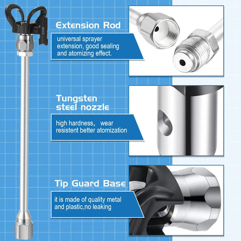 Close-up of Airless Paint Sprayer Tool Set With Three Extension Poles 30 cm, 50 cm, 75 cm, Reversible Tip Nozzles And Guard