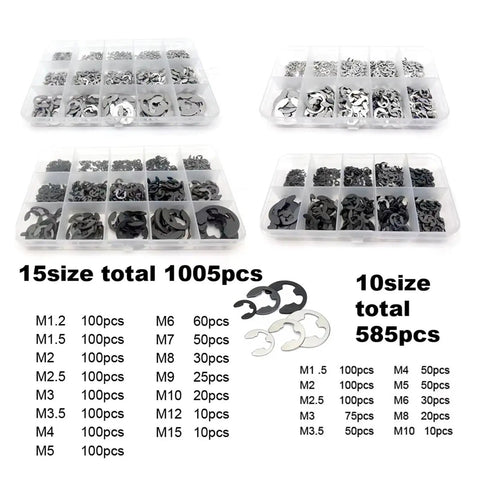 E Clip Snap Ring Assortment Kit 585 And 1005 Pcs External Retaining Rings M1.2 To M15 In 304 Stainless Steel And Black 65Mn Set
