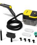 Get Your Home Sparkling With This Powerful Handheld Steam Cleaner, portable unit with hose and attachments for deep cleaning.