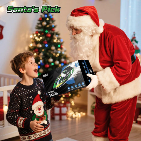 Santa giving a gift box of Amped Up Turbo Charged RC Speed Boat With LED Lights Self Righting Hull 30 Plus KMH Top Speed Two Batteries