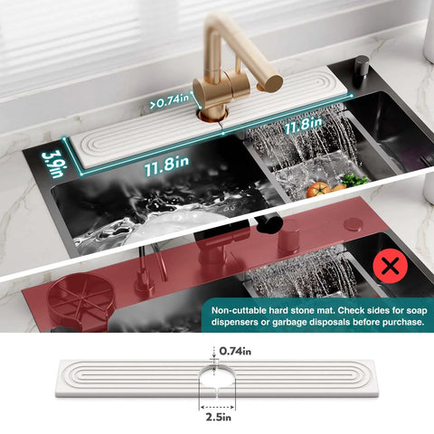 Eormoe faucet mat for kitchen sink, light gray diatomite stone drying mat, 23.6in x 3.9in, installed across sink.
