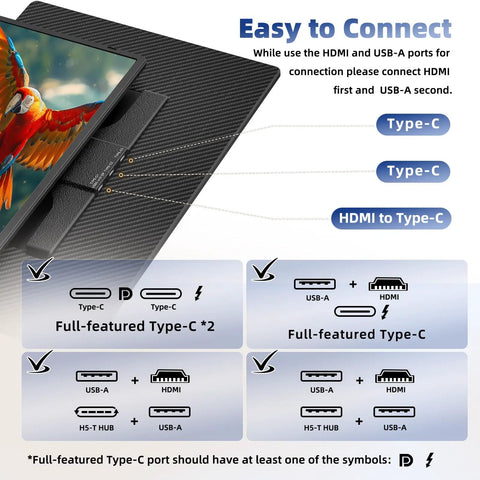 Cable connections for Laptop Screen Extender 16 Inch 2.5K Portable Triple Monitor 2560x1600 QHD IPS Display, Type-C shown