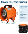 Powerful 8 Inch Air Mover Blower Fan With 1100 CFM Low Noise Portable Industrial Exhaust Fan, dimensions and flexible duct shown