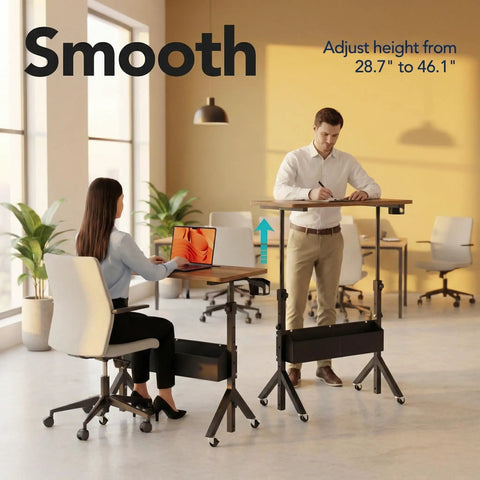 Two people using Mobile Rolling Standing Desk With Storage Basket, Height Adjustable From 28.7 To 46.1 Inches in modern office.