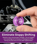 Top Notch Shift Cable Bushing Kit With 4 Durable Rubber Inserts And Clips, showing purple rubber insert for precise gear shifting.