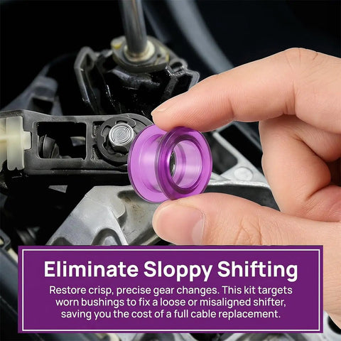 Top Notch Shift Cable Bushing Kit With 4 Durable Rubber Inserts And Clips, showing purple rubber insert for precise gear shifting.
