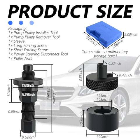 Heavy Duty Carbon Steel Power Steering Pump Pulley Removal Tool Set includes various tool sizes for easy installation.