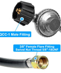 Two Foot Propane Gas Grill Regulator And Hose For Weber Charbroil Nexgrill Grills Patio Heaters And Fire Pits Replacement Low Pressure LP Regulator For Grills Heaters Lanterns Camp Stoves showing QCC-1 male fitting and 3/8 inch female flare fitting.