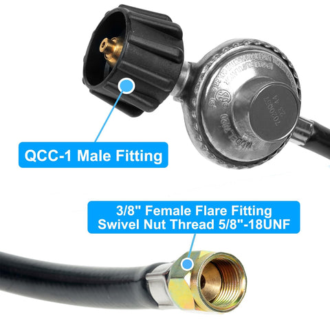 Two Foot Propane Gas Grill Regulator And Hose For Weber Charbroil Nexgrill Grills Patio Heaters And Fire Pits Replacement Low Pressure LP Regulator For Grills Heaters Lanterns Camp Stoves showing QCC-1 male fitting and 3/8 inch female flare fitting.