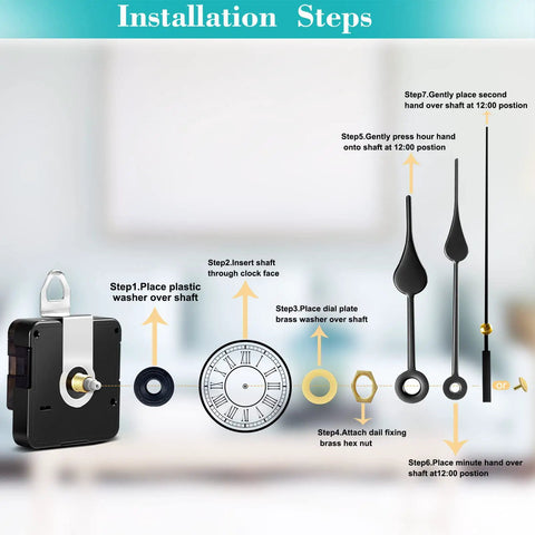 Installation steps for Quartz Clock Movement Kit Replacement Battery Operated Silent Mechanism For DIY Wall Clocks.