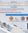 Ceiling Mounted Double Row Curtain Track System With Silent Heavy Duty Pulleys, showing dimensions and screw types for installation.
