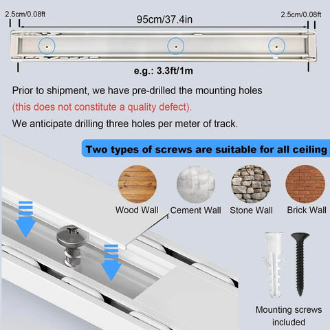Ceiling Mounted Double Row Curtain Track System With Silent Heavy Duty Pulleys, showing dimensions and screw types for installation.
