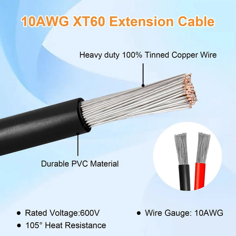 Heavy Duty 10AWG XT60 Solar Extension Cable With Male To Female Connectors shown with tinned copper wire and PVC material