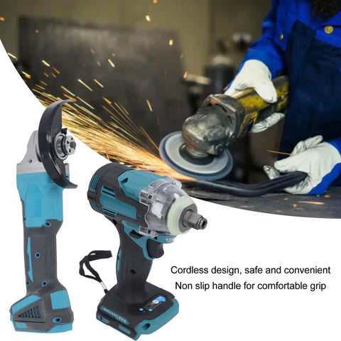 Pro Grade Brushless Angle Grinder And Cordless Impact Wrench Set delivering 350 Nm torque and 9500 RPM speed with comfortable grip.