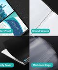Four-part image showing features of 72 Pocket Binder With Clear Sheet Protectors And Elastic Band, including waterproof and sturdy cover.
