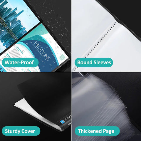 Four-part image showing features of 72 Pocket Binder With Clear Sheet Protectors And Elastic Band, including waterproof and sturdy cover.
