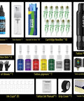 Rotary Tattoo Gun Pen Kit Complete Starter Set With Two Wireless Power Supplies, Ten Sterilized Cartridges, And All Essential Accessories For Beginners And Pros, Portable Power Packs For On The Go Practice displayed with accessories.