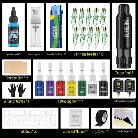 Rotary Tattoo Gun Pen Kit Complete Starter Set With Two Wireless Power Supplies, Ten Sterilized Cartridges, And All Essential Accessories For Beginners And Pros, Portable Power Packs For On The Go Practice displayed with accessories.