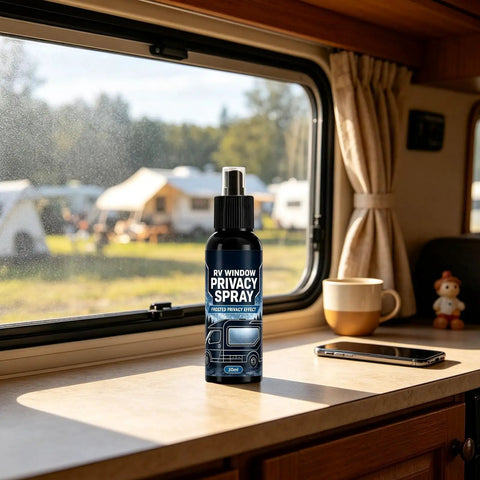 Frosted Glass Spray 30ml Anti-Glare Translucent Portable Agent on a campervan table with RV window view.