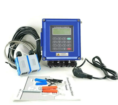 Waterproof Ultrasonic Flow Meter With RS485 IP67, Clamp On Sensor TM 1, DN50 700mm Range shown with cables and user manual.