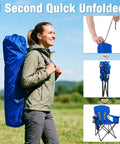 Woman carrying Two Pack Heavy Duty Folding Camping Chairs With 4 Can Cooler Bag And Cup Holder, breathable mesh back