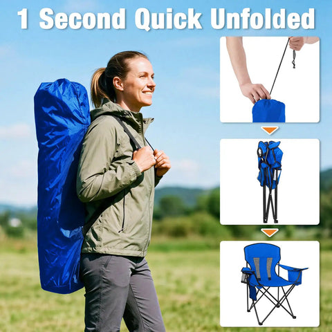 Woman carrying Two Pack Heavy Duty Folding Camping Chairs With 4 Can Cooler Bag And Cup Holder, breathable mesh back