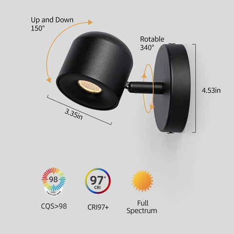 2 Packs Modern Adjustable Black LED Wall Sconce Lights With Rotating Angle 3000K Warm White 7W High CRI 97 with dimensions
