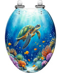 Elongated Resin Toilet Seat for Bathroom with sea turtle design, vibrant underwater scene, suitable for most toilets.