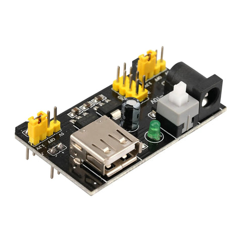 Six Pack Breadboard Power Supply Module 3.3V/5V For Arduino Projects with USB and DC input, showing pins and connectors.
