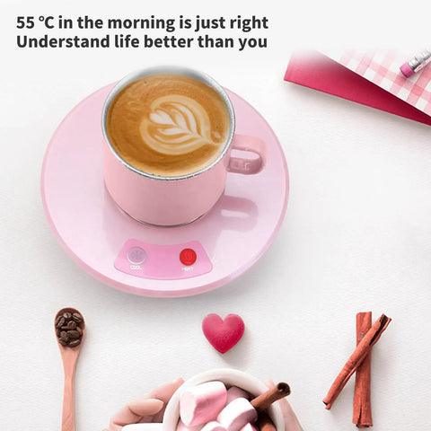 Electric Desk Cup Warmer And Cooler For Coffee Mugs Cans Bottles Precise Hot Cold Temp Control featuring pink cup with latte on warmer.